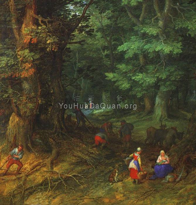 森林景观(在逃往埃及途中休息)，细节 - 老简·布鲁格尔